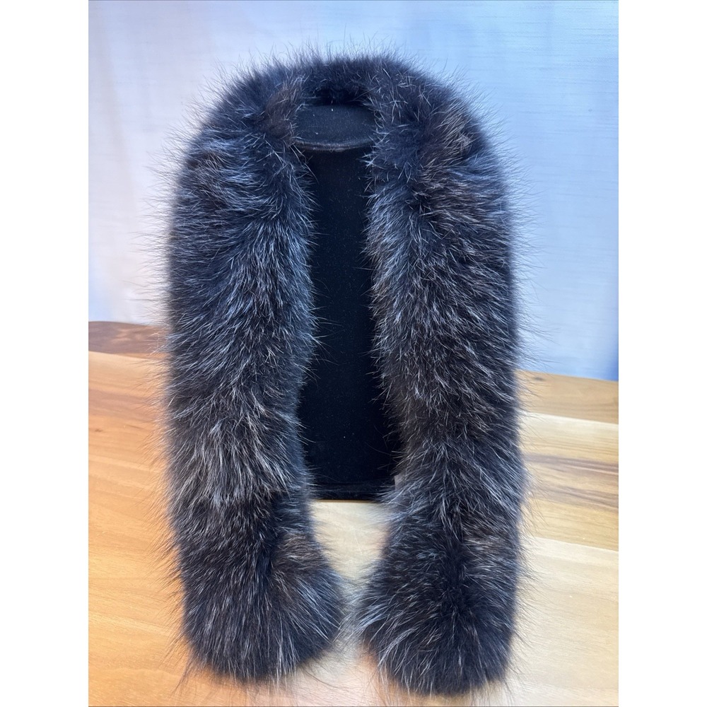 Fur scarf Real Fox Fur luxury Fox Hood Trim Collar Blue Gray Luxe Preppy 41"